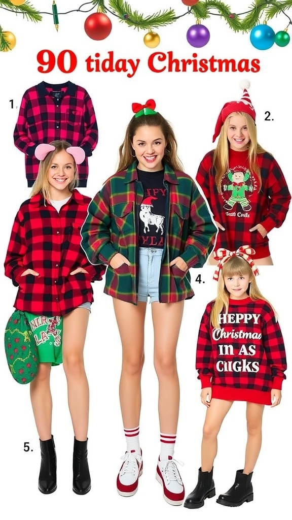 A collection of stylish 90s Christmas outfits with flannel shirts, graphic sweaters, and colorful accessories.